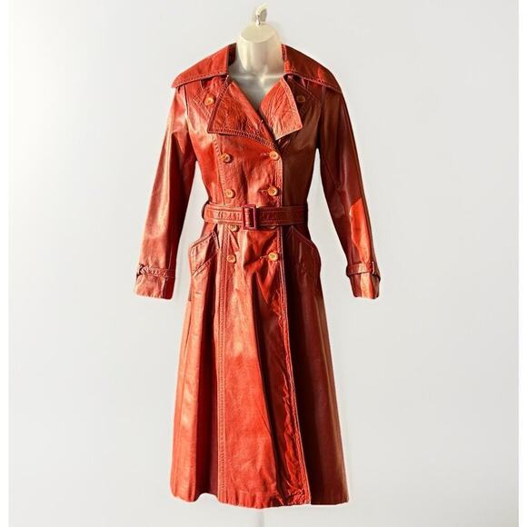 Sears JR Bazaar Jackets & Blazers - VTG 70s Sears JR Bazaar Leather Trench Coat Women's 7 Rust Red Retro Chic Disco